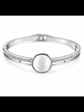 Silver Bangle Bracelet Faux Mother-of-Pearl Rhinestones  Elegant Jewelry